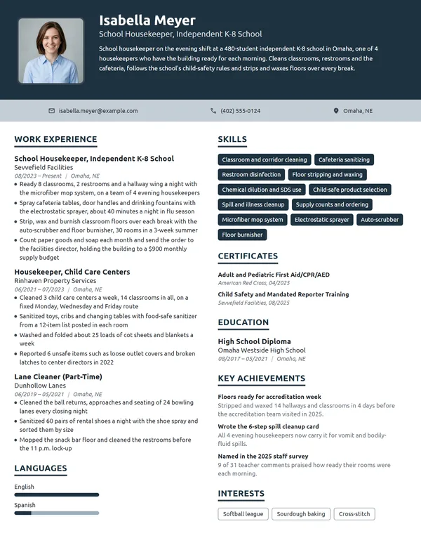 School Housekeeper resume example