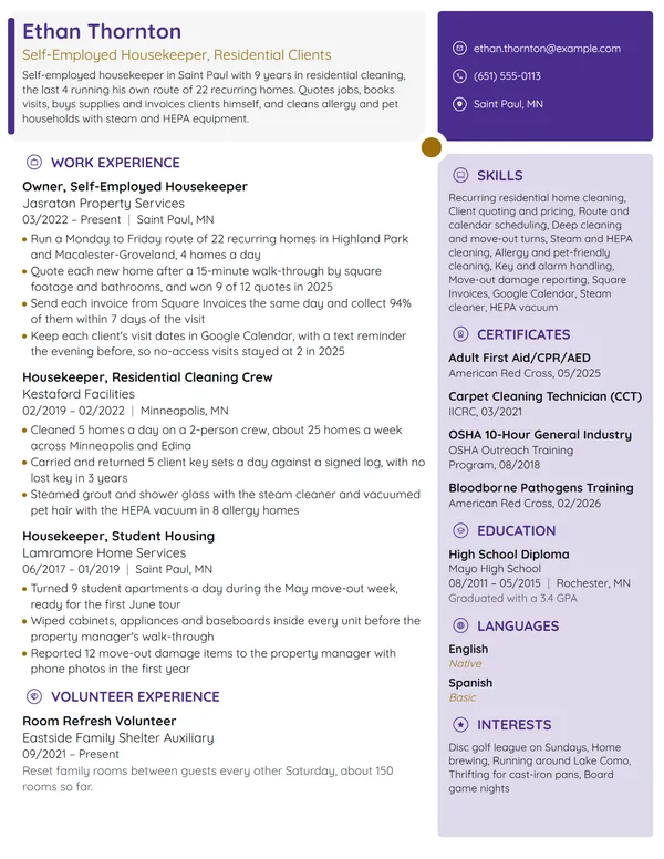 Self-Employed Housekeeper resume example