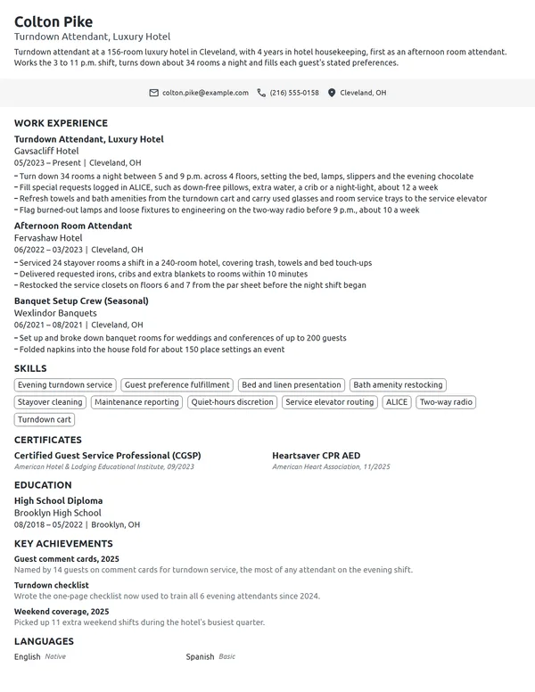 Turndown Attendant resume example