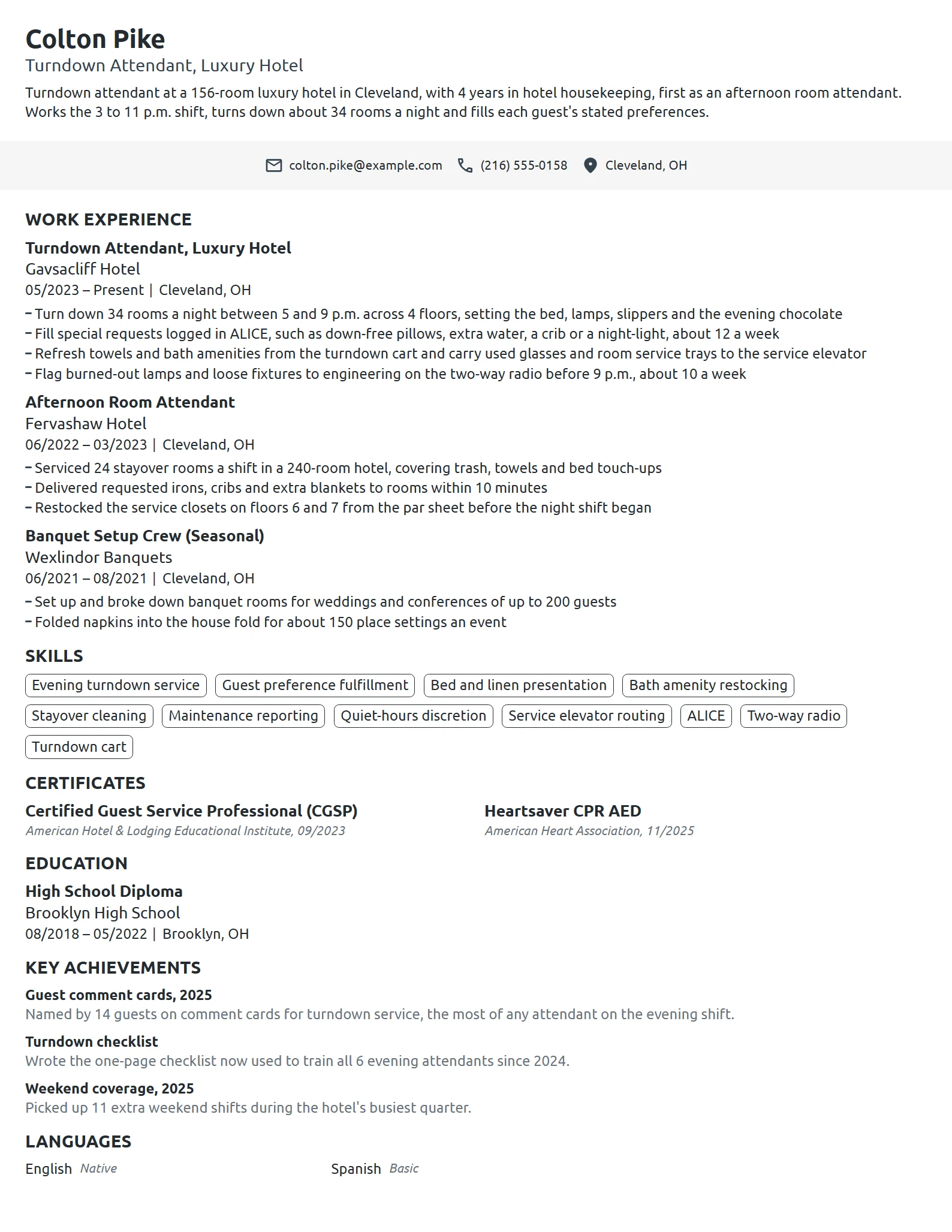 Turndown Attendant resume example