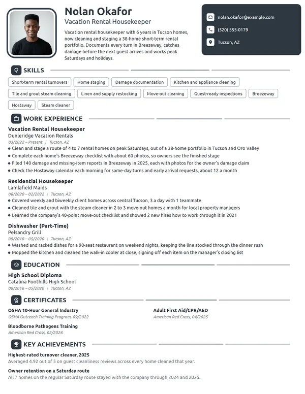 Vacation Rental Housekeeper resume example