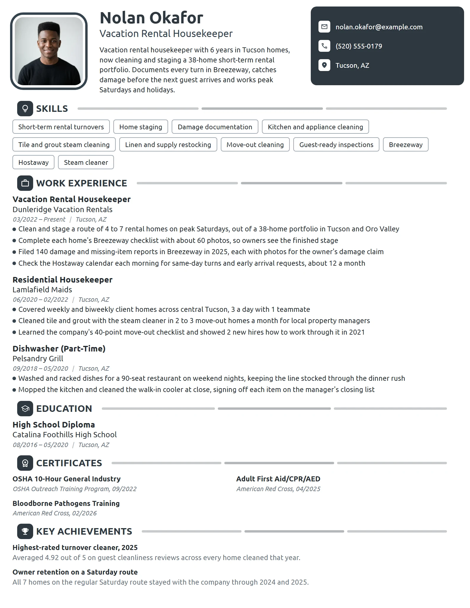 Vacation Rental Housekeeper resume example