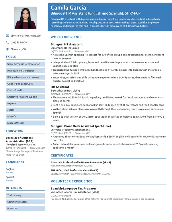 Bilingual HR Assistant resume example