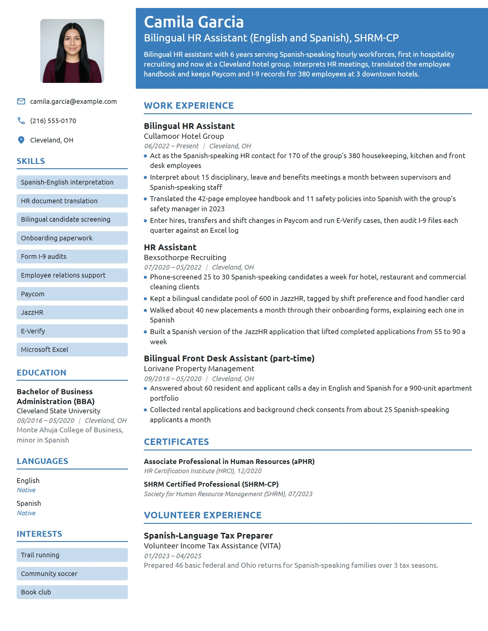 Bilingual HR Assistant resume example