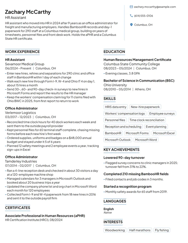 Career Change HR Assistant resume example