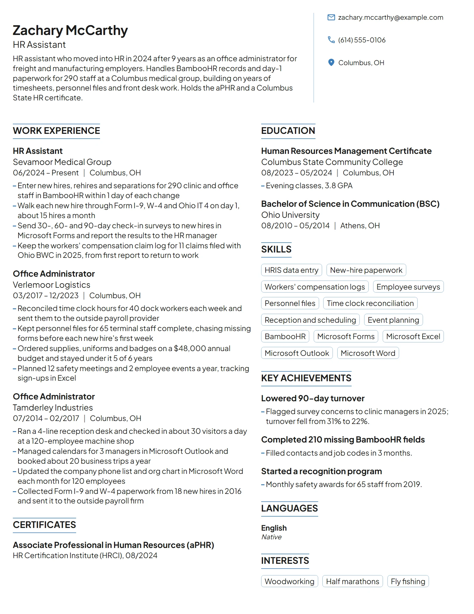 Career Change HR Assistant resume example