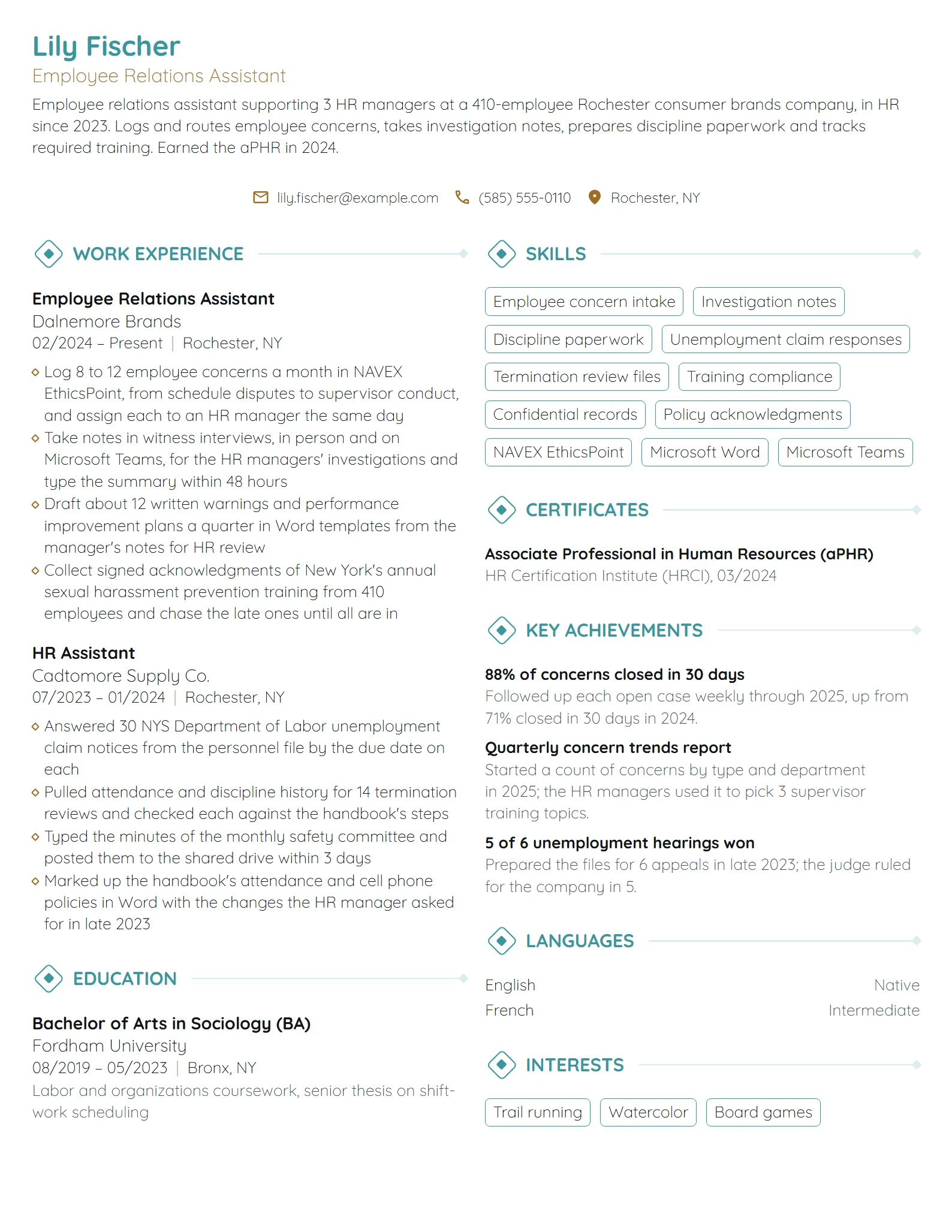 Employee Relations Assistant resume example