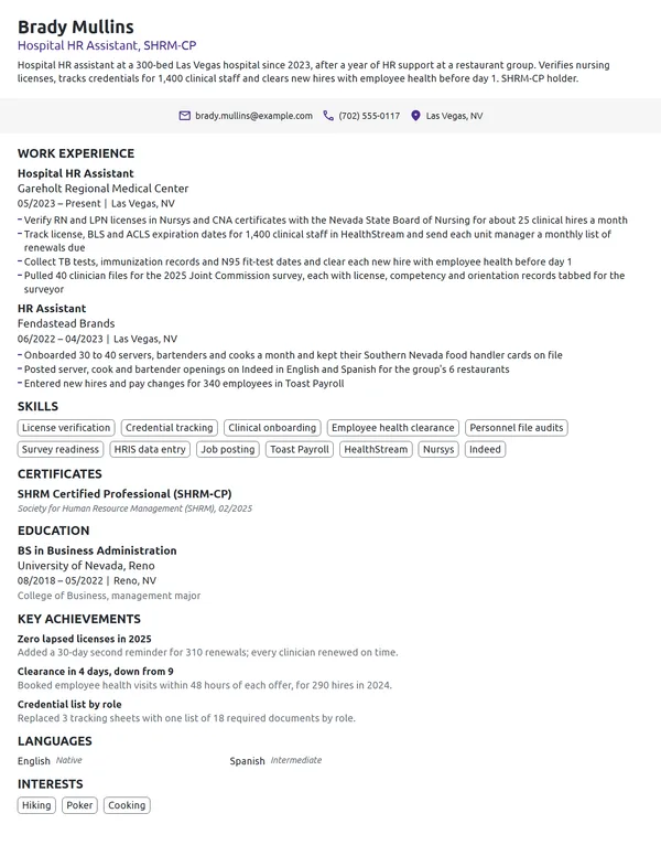 Hospital HR Assistant resume example