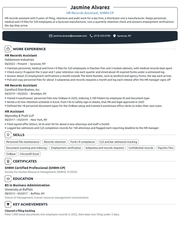 HR Records Assistant resume example