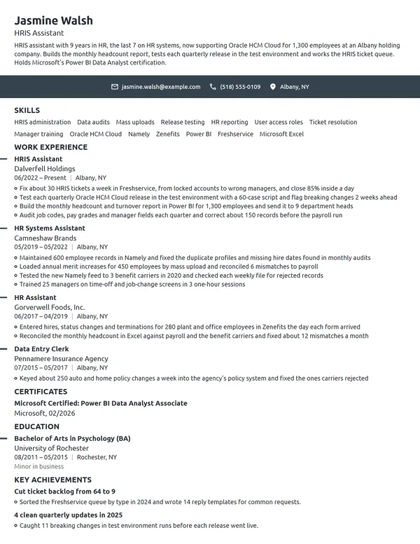 HRIS Assistant resume example
