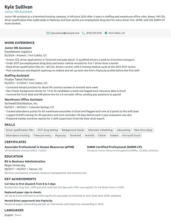 Junior HR Assistant resume example
