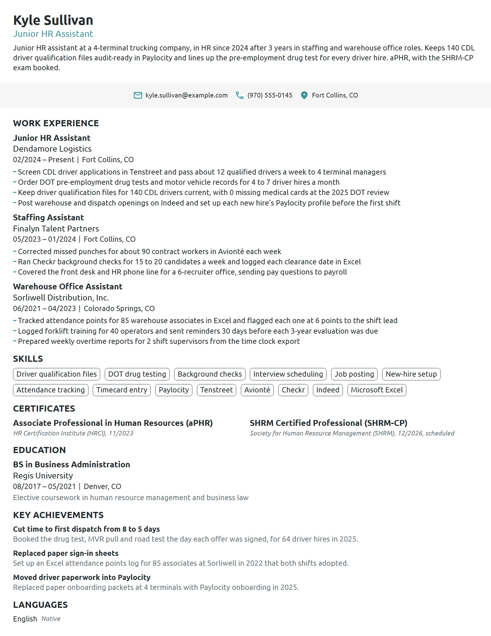 Junior HR Assistant resume example