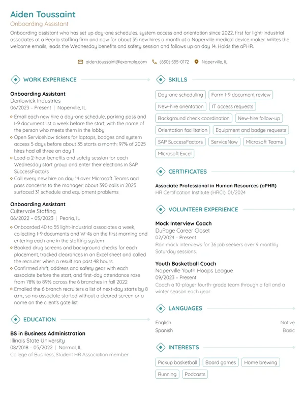 Onboarding Assistant resume example