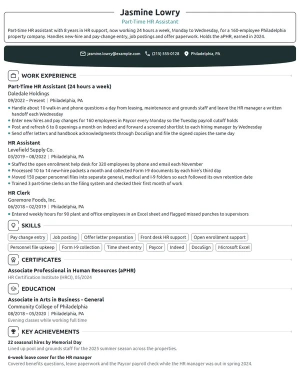 Part-Time HR Assistant resume example