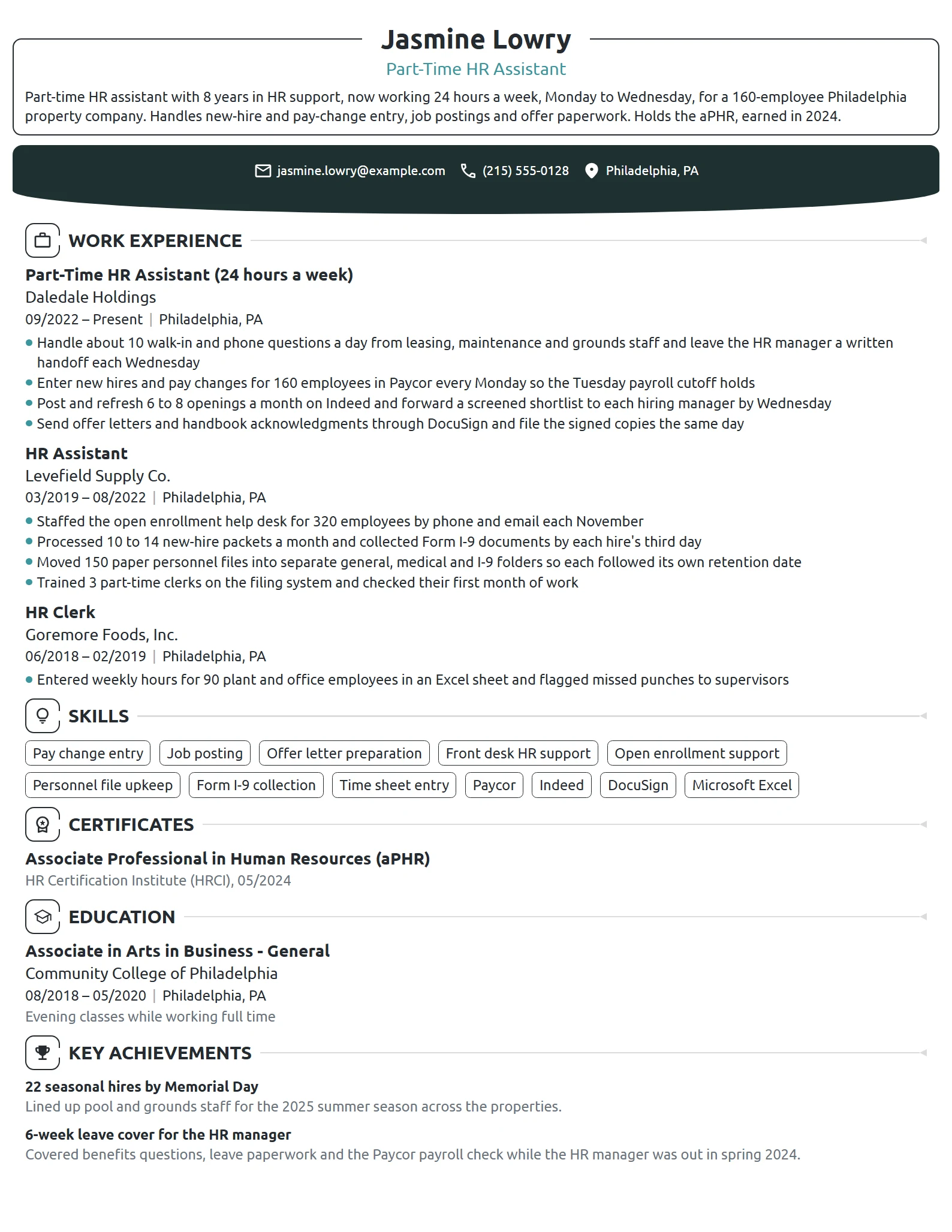 Part-Time HR Assistant resume example