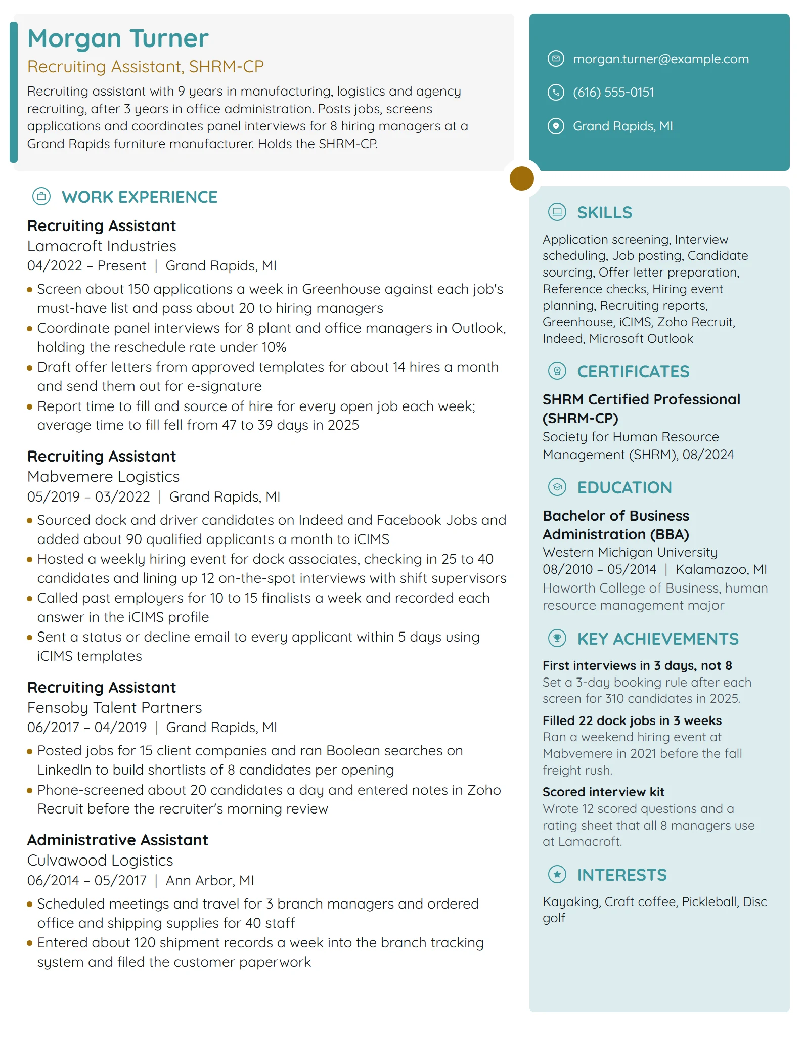 Recruiting Assistant resume example
