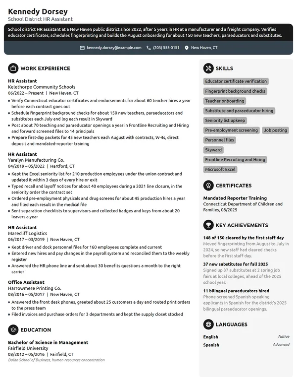 School District HR Assistant resume example