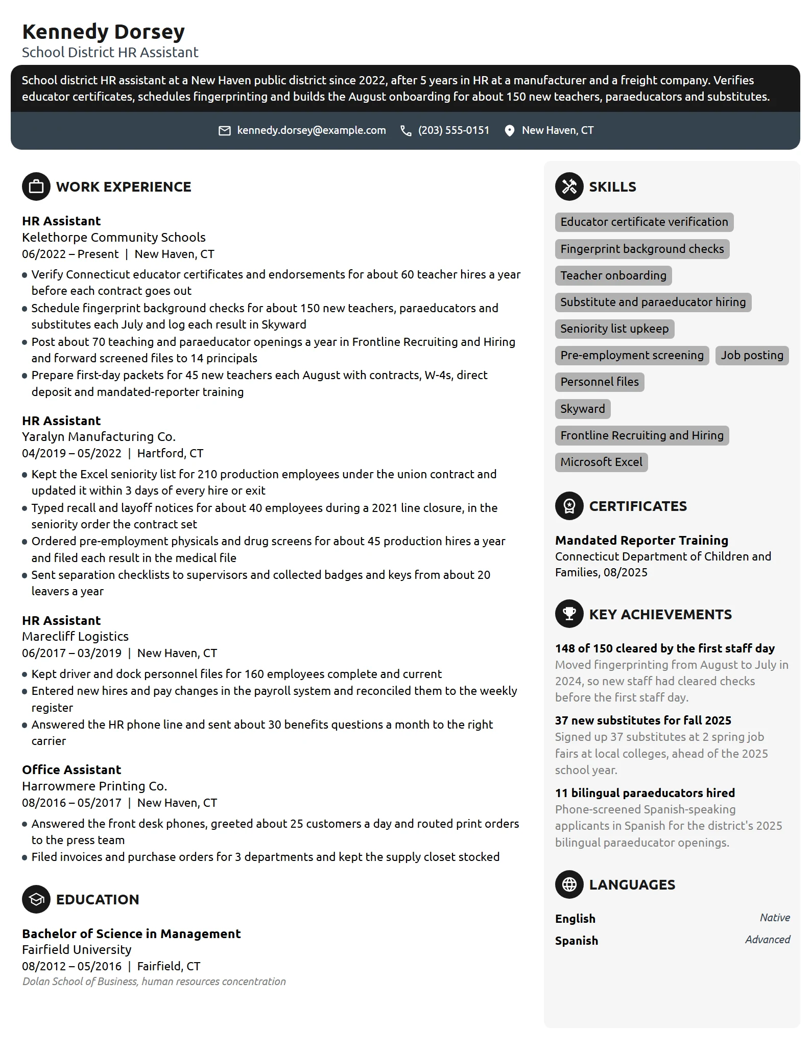 School District HR Assistant resume example