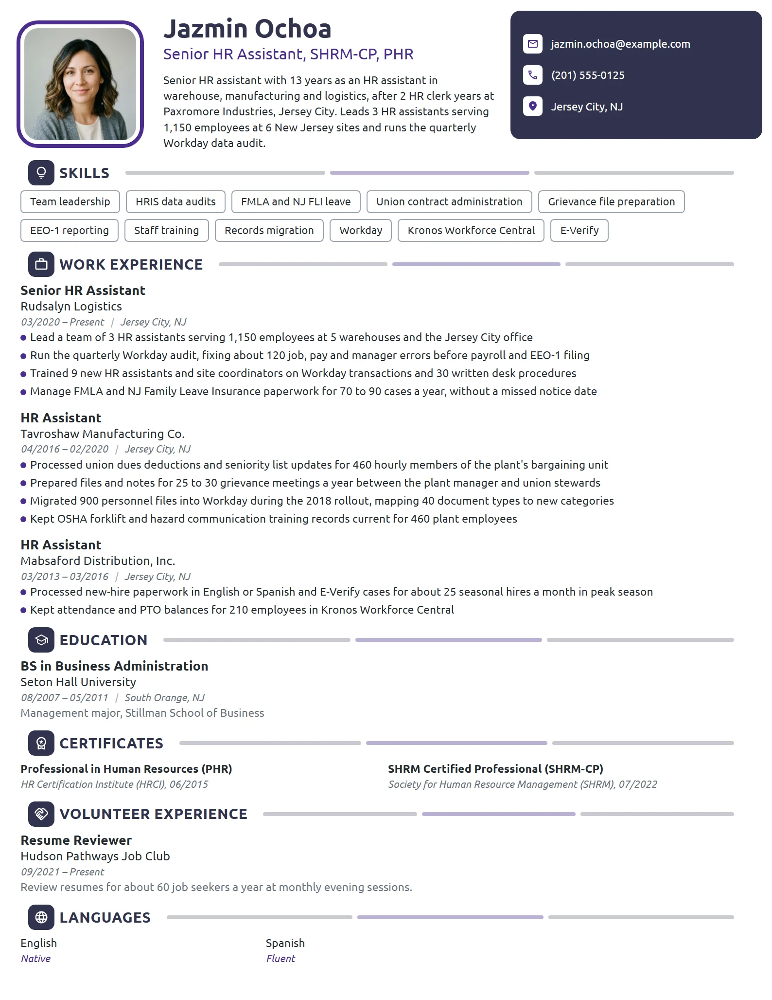 Senior HR Assistant resume example