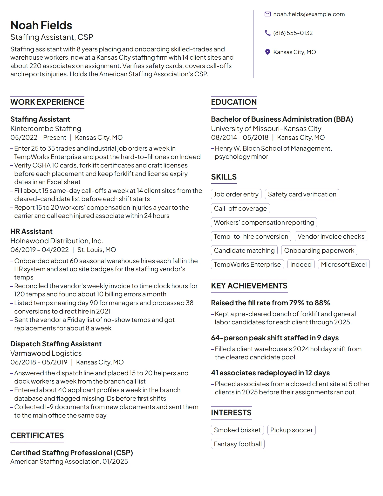 Staffing Assistant resume example