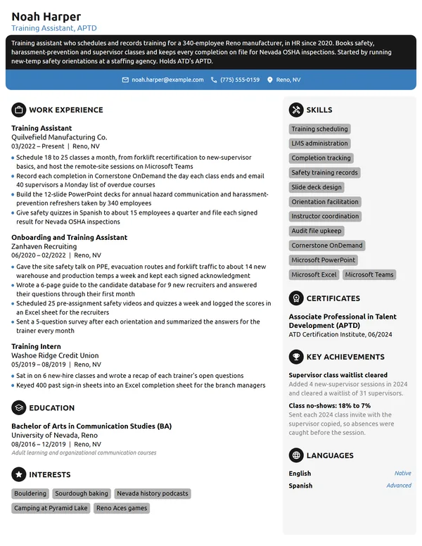 Training Assistant resume example