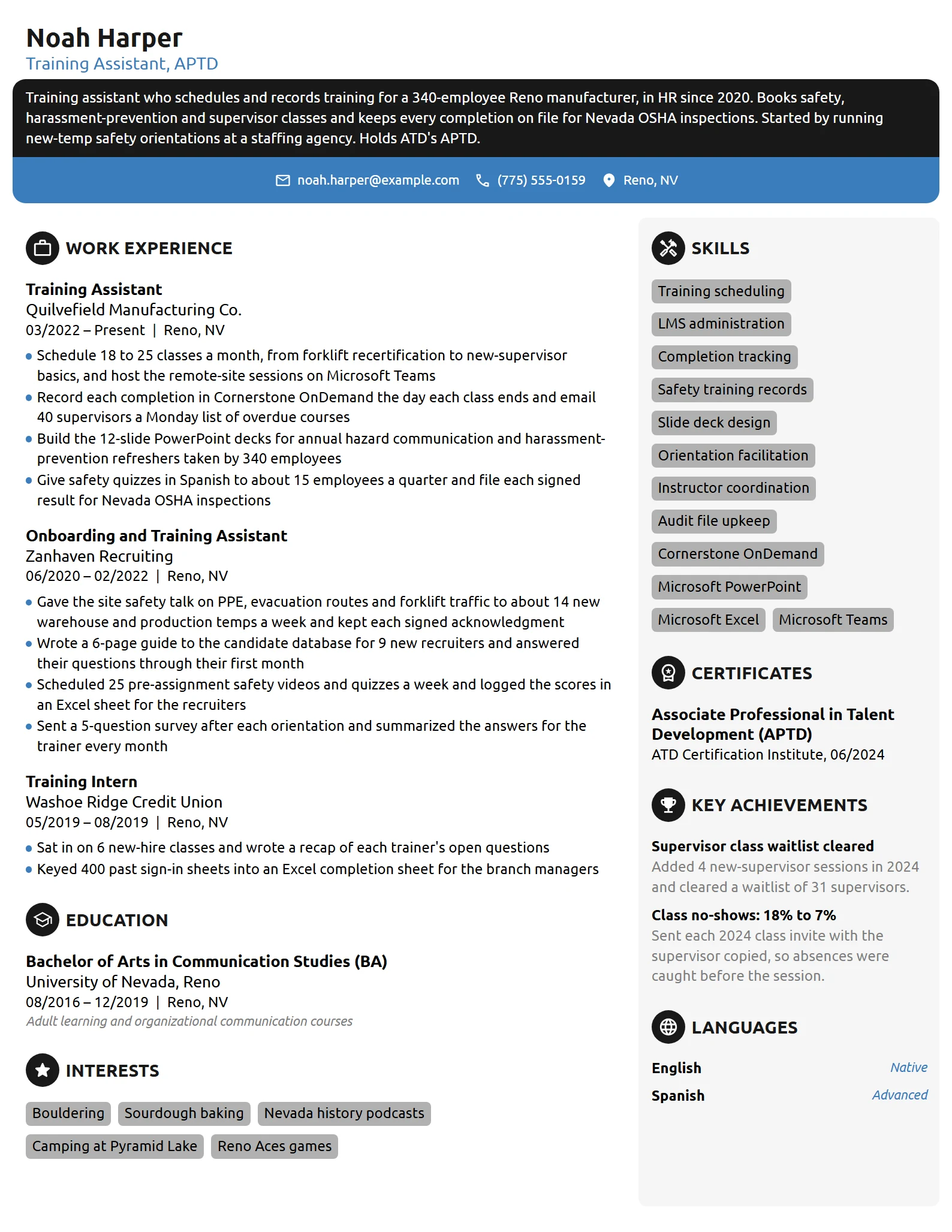 Training Assistant resume example