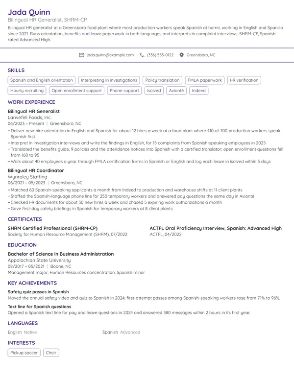 Bilingual HR Generalist resume example