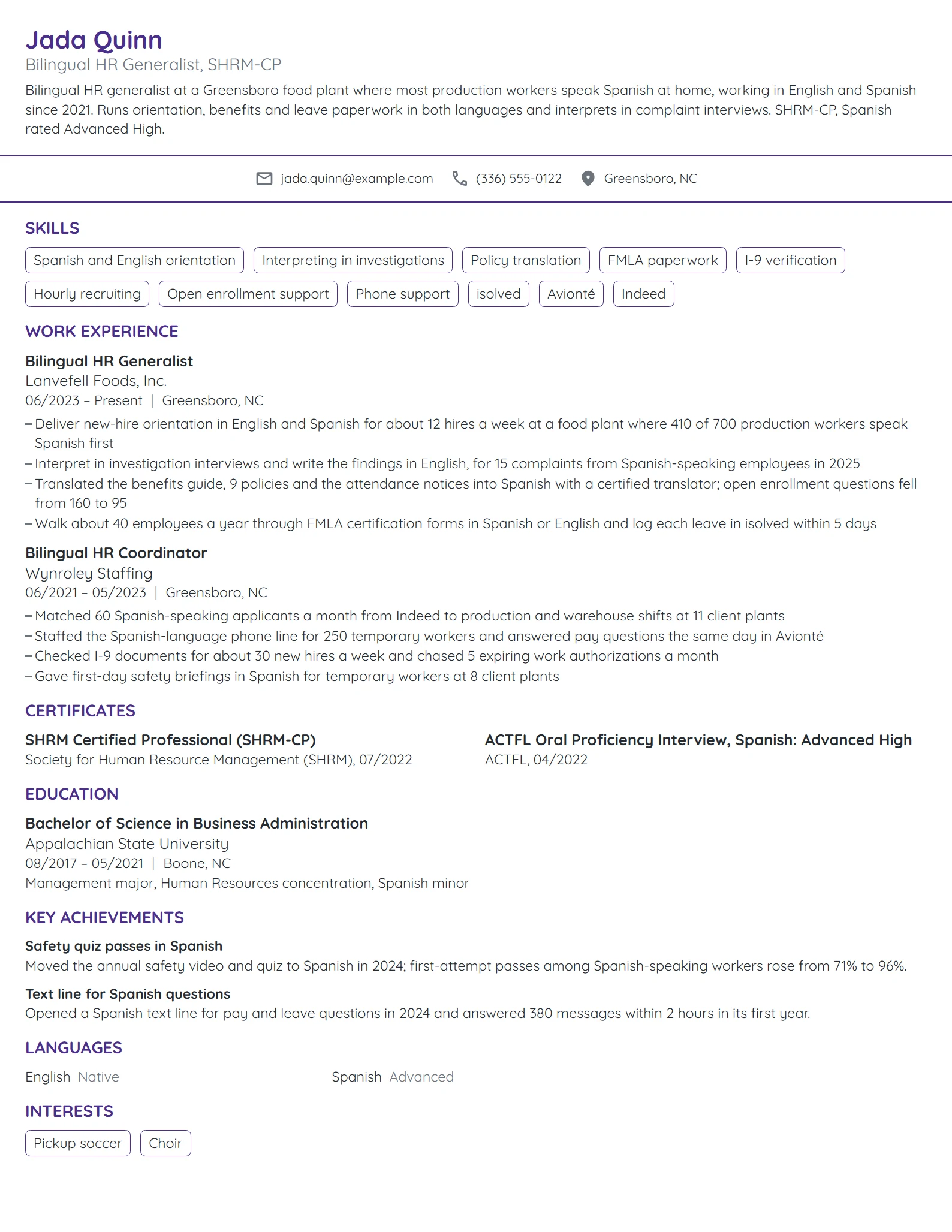 Bilingual HR Generalist resume example