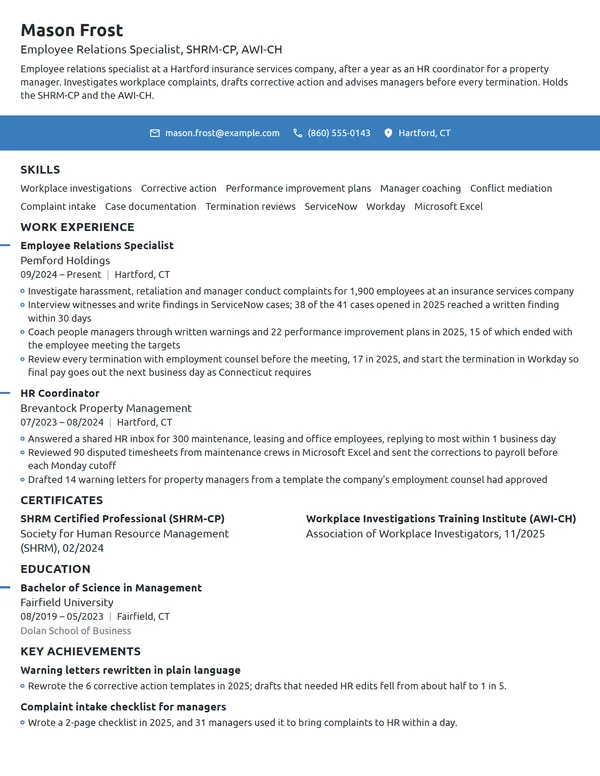 Employee Relations Specialist resume example