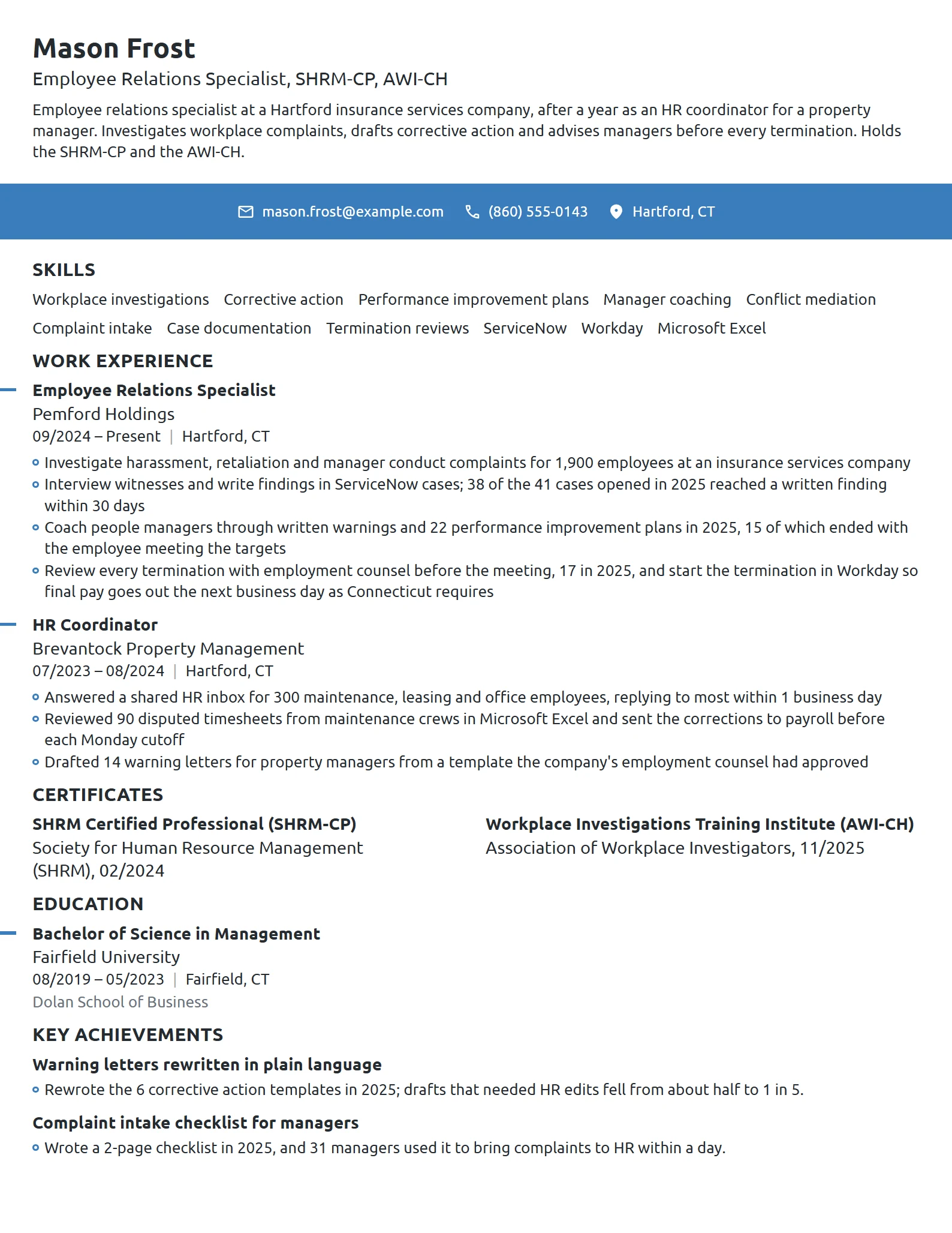 Employee Relations Specialist resume example