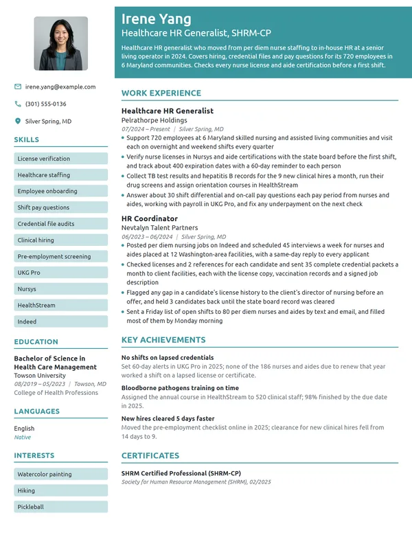 Healthcare HR Generalist resume example