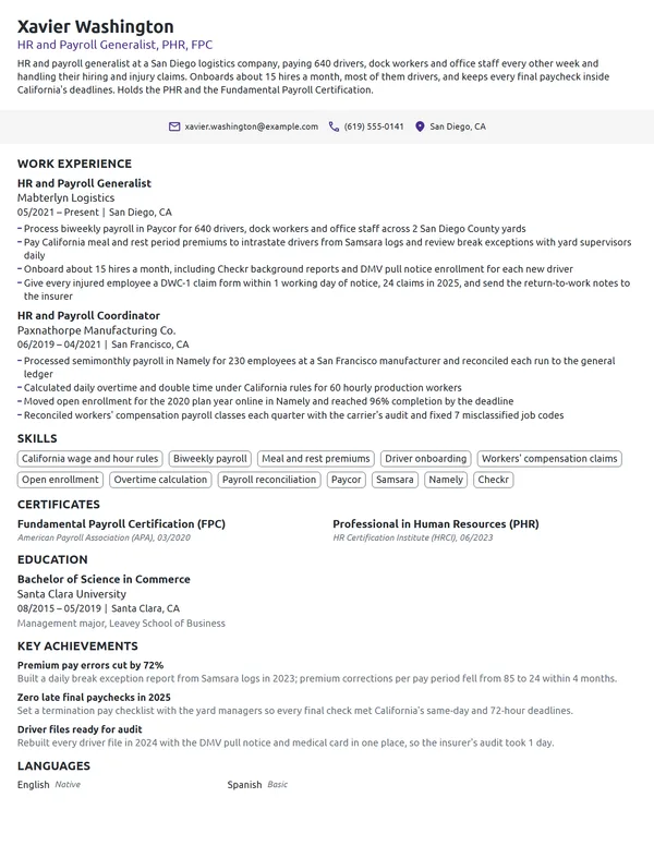 HR and Payroll Generalist resume example
