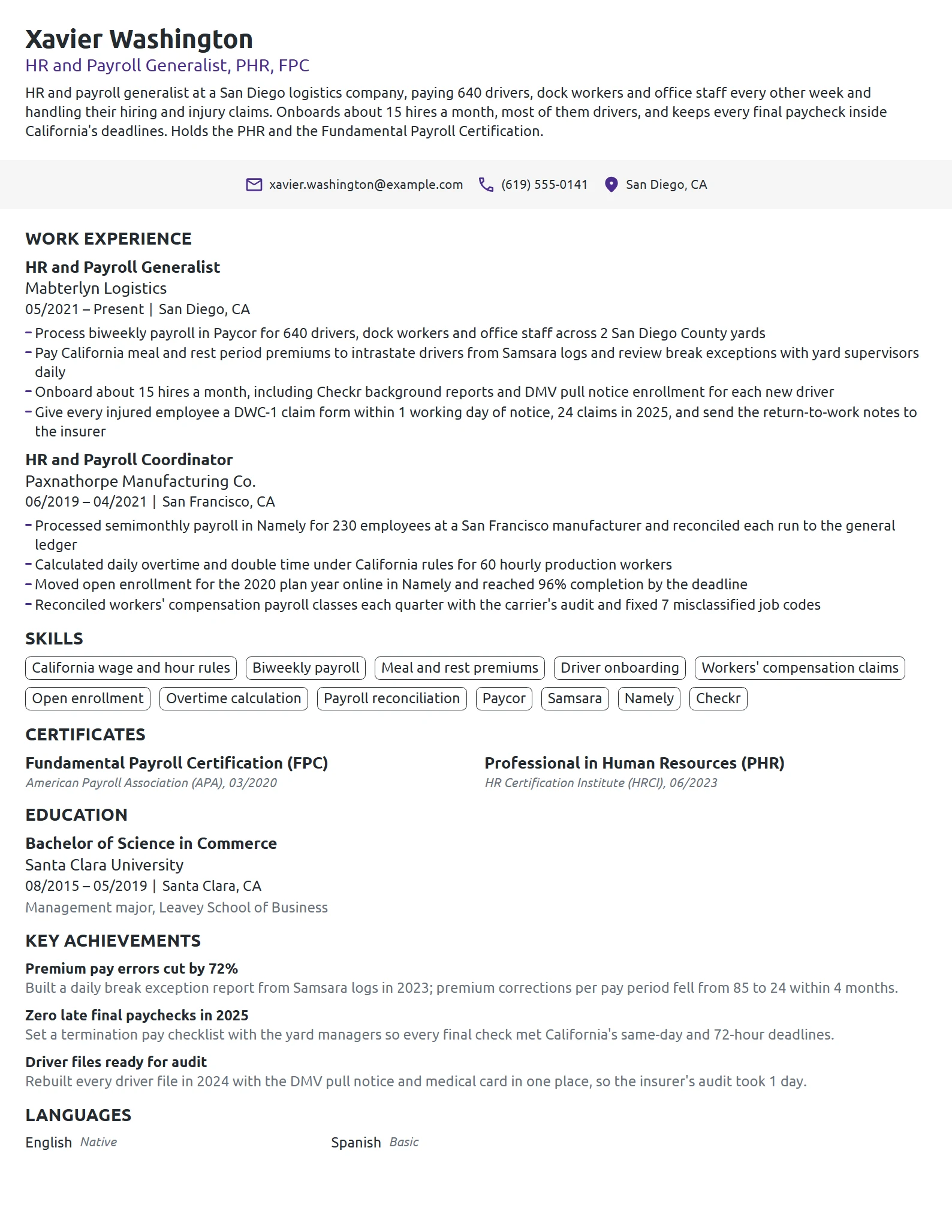 HR and Payroll Generalist resume example