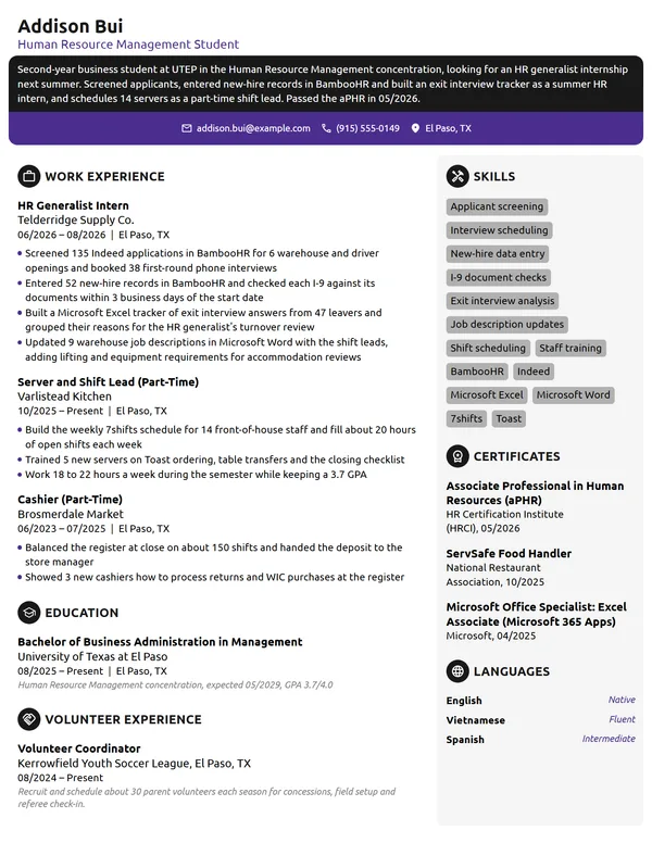 HR Generalist Intern resume example