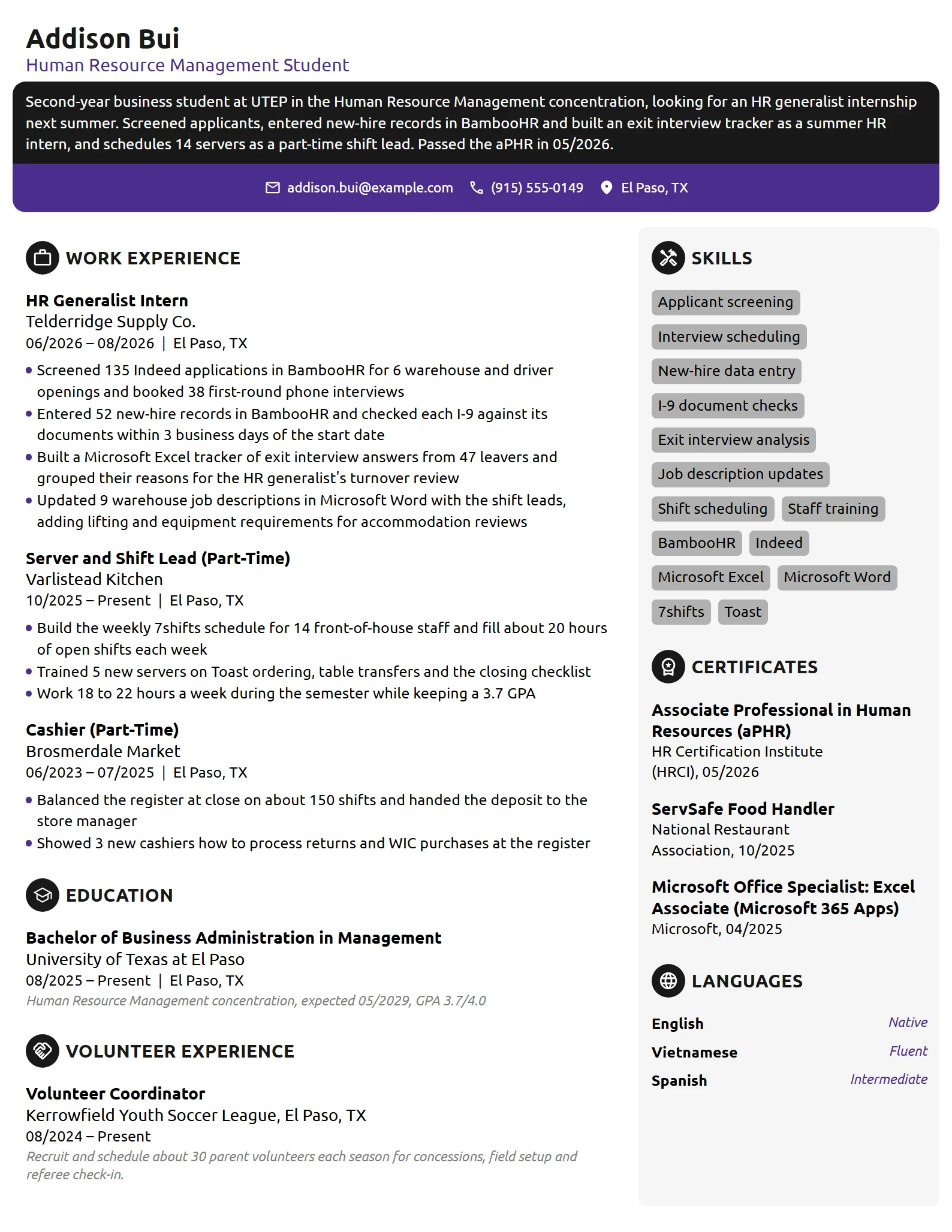HR Generalist Intern resume example