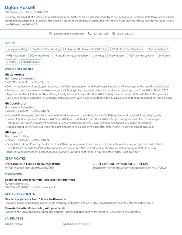 HR Generalist resume example