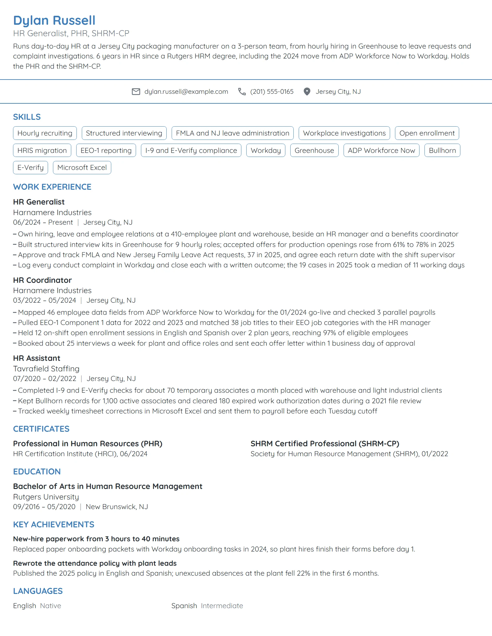 HR Generalist resume example
