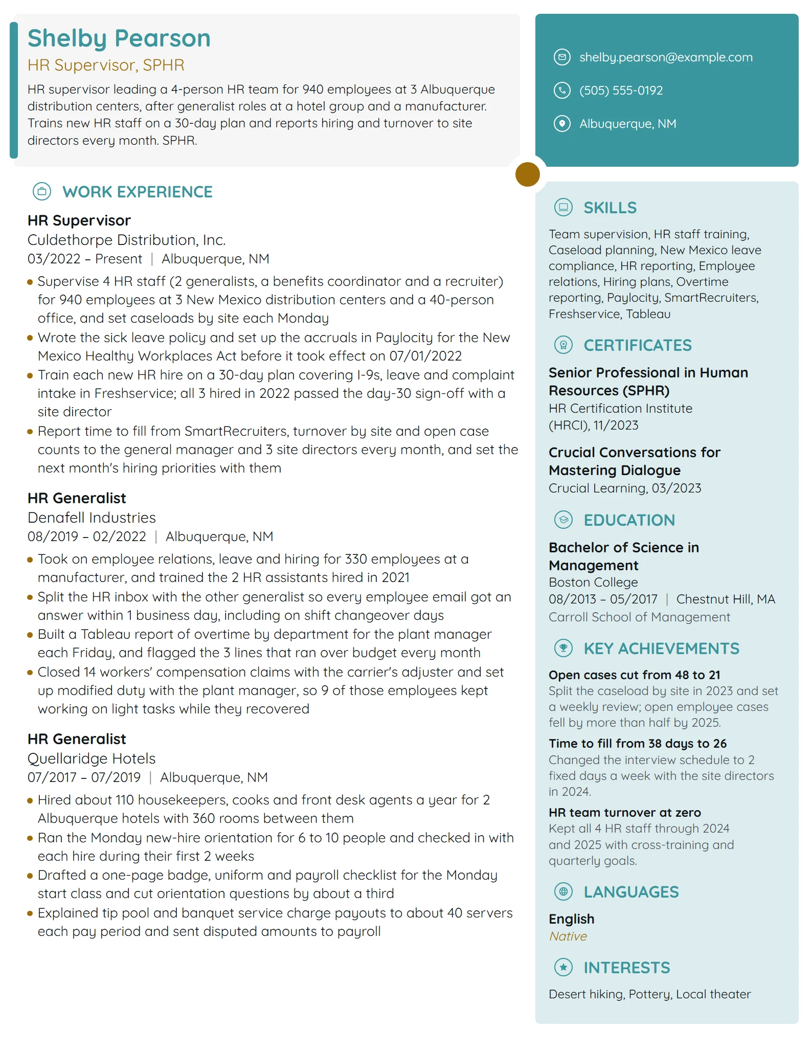 HR Supervisor resume example