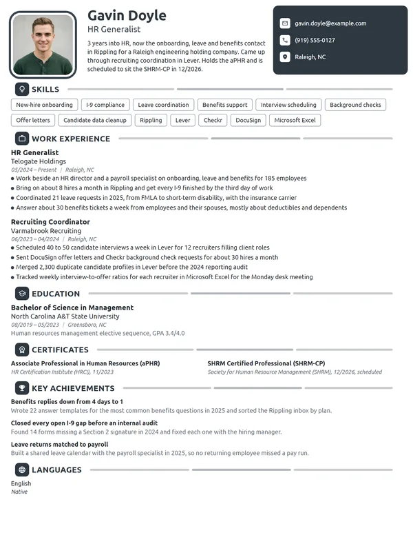 Junior HR Generalist resume example