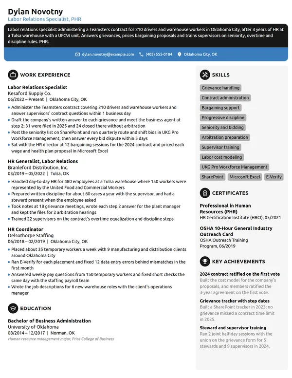 Labor Relations Specialist resume example