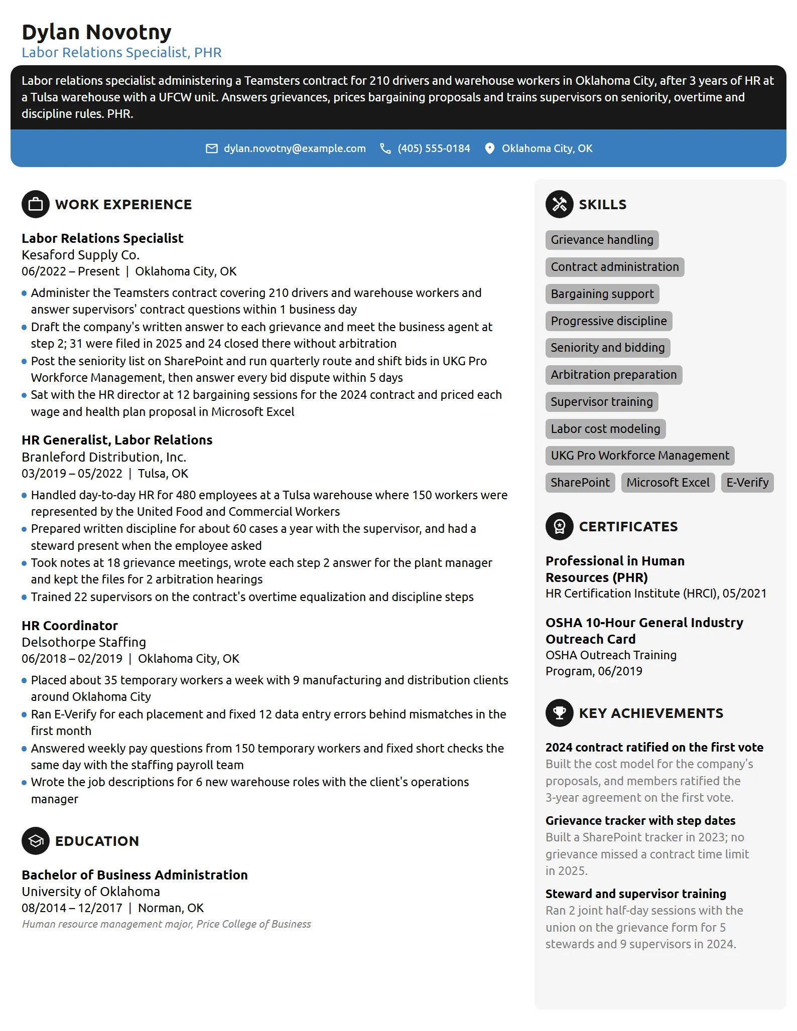 Labor Relations Specialist resume example