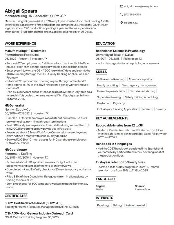 Manufacturing HR Generalist resume example