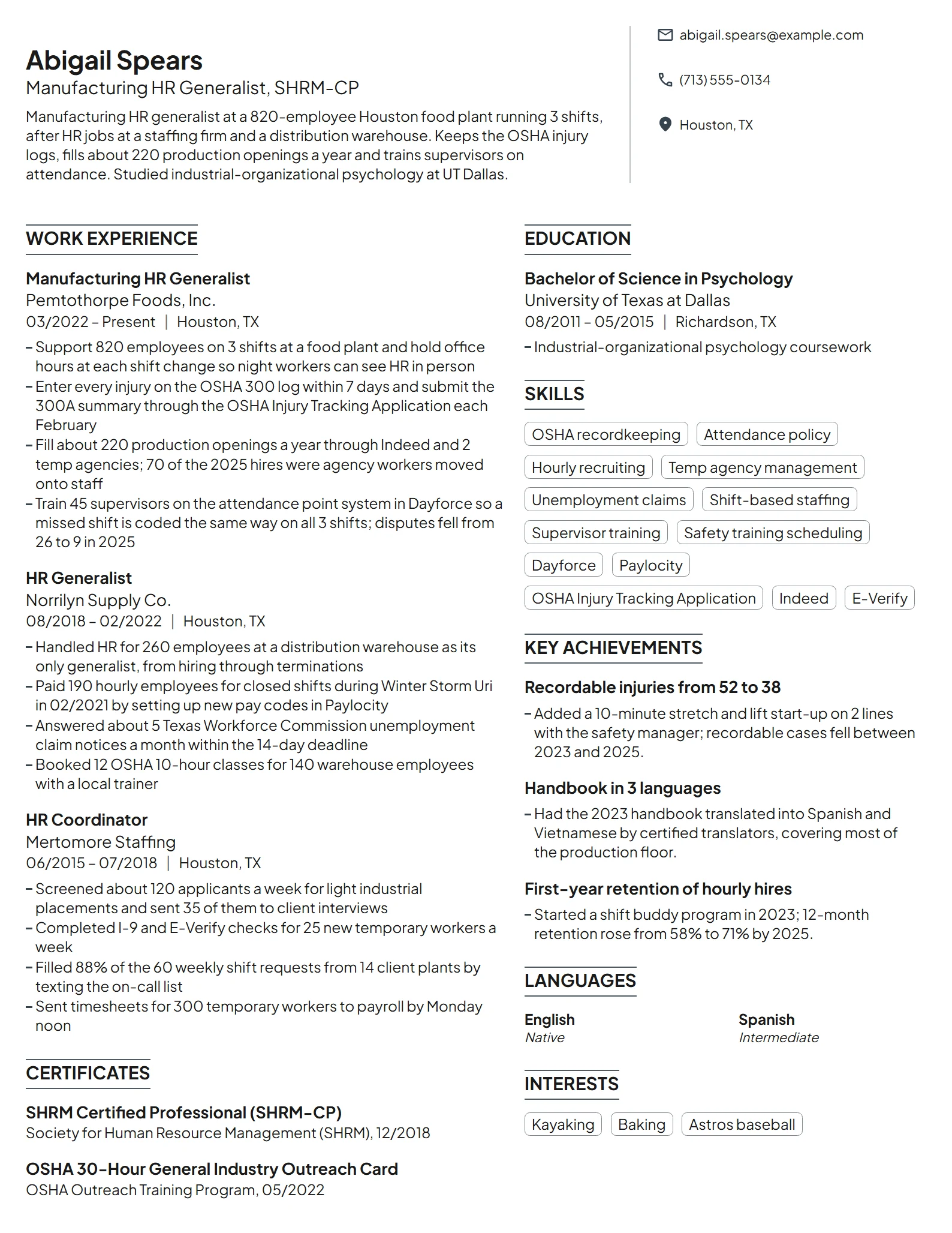 Manufacturing HR Generalist resume example
