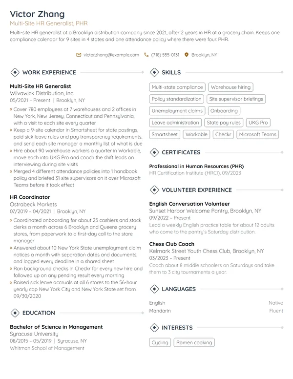 Multi-Site HR Generalist resume example