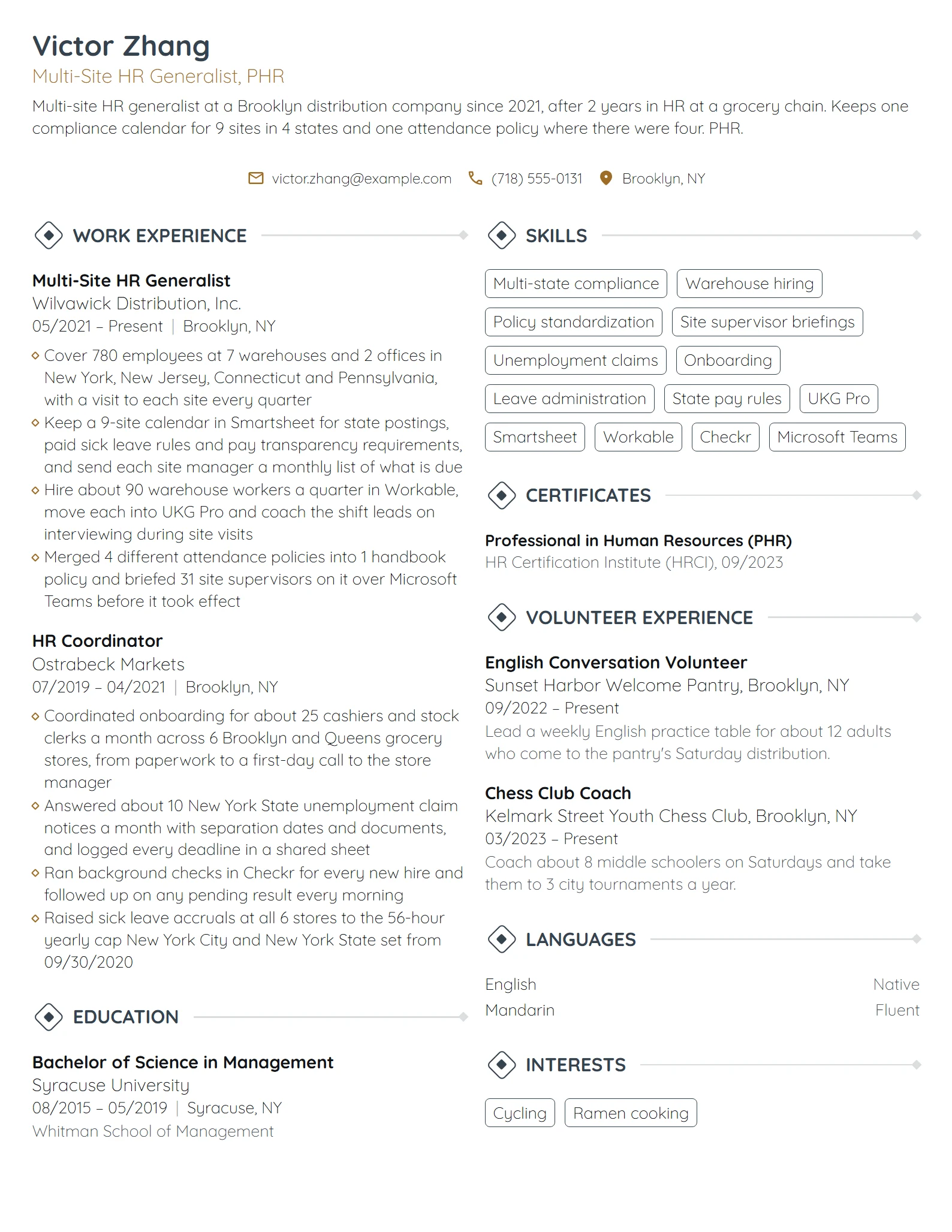 Multi-Site HR Generalist resume example
