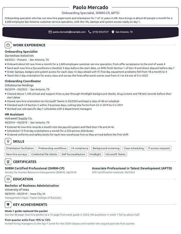 Onboarding Specialist resume example