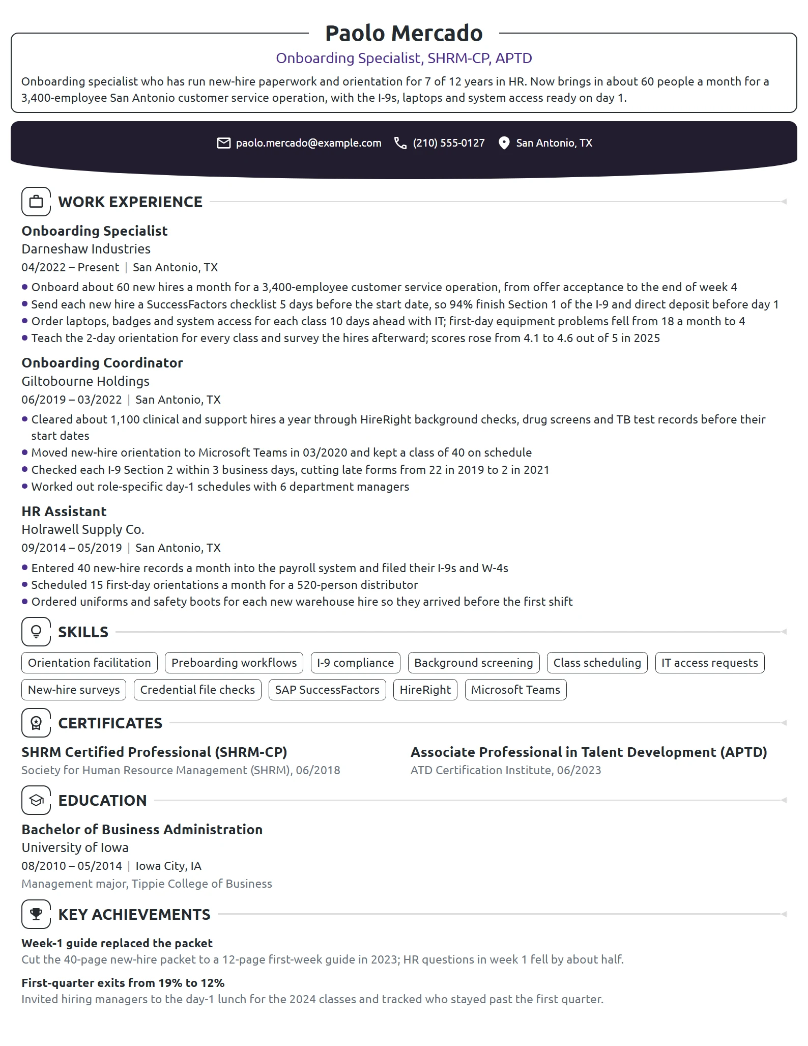 Onboarding Specialist resume example