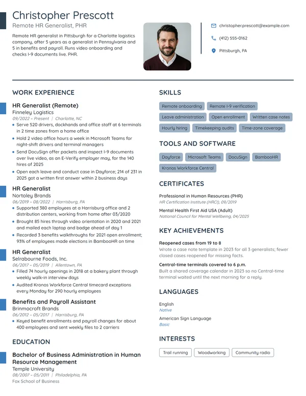 Remote HR Generalist resume example