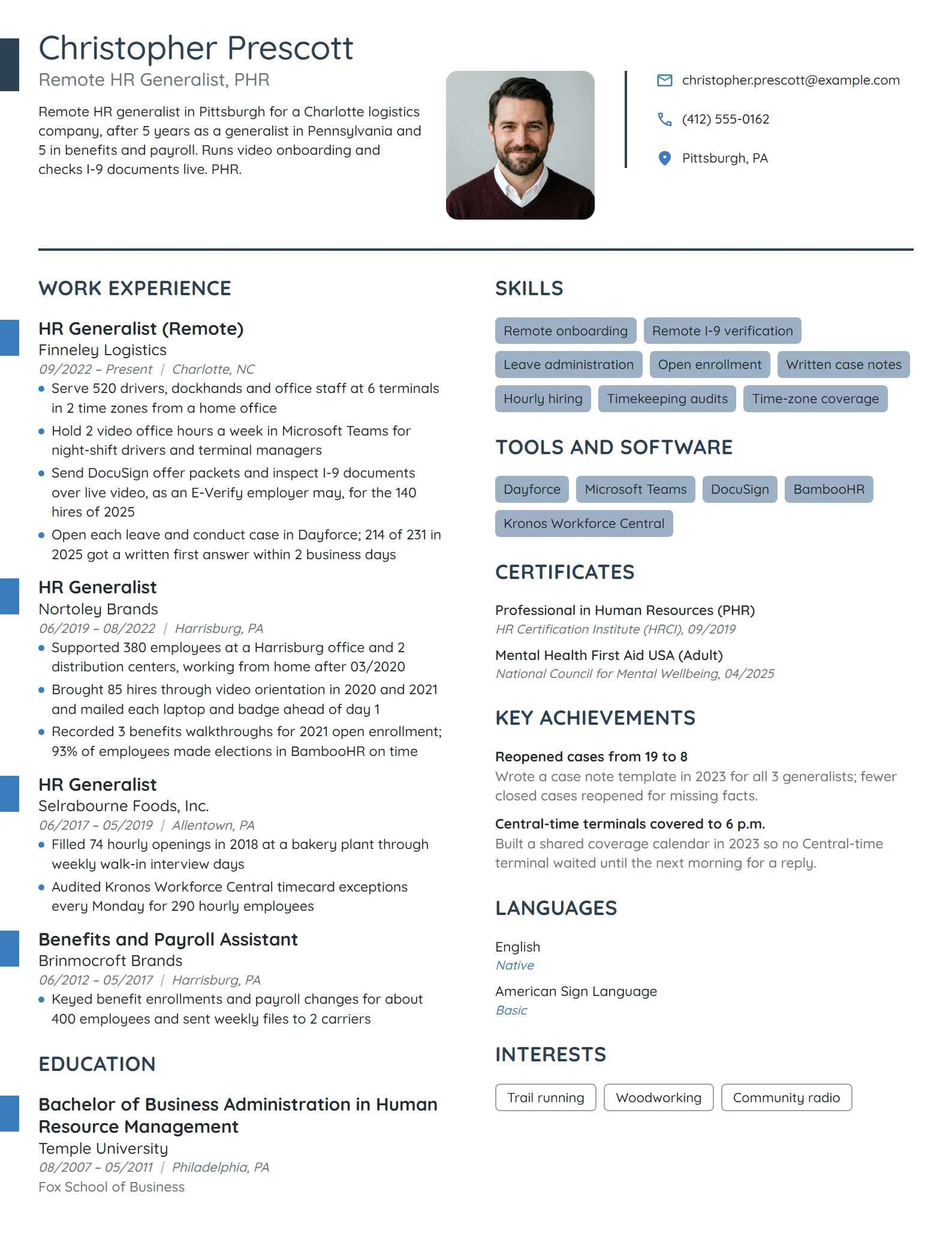 Remote HR Generalist resume example