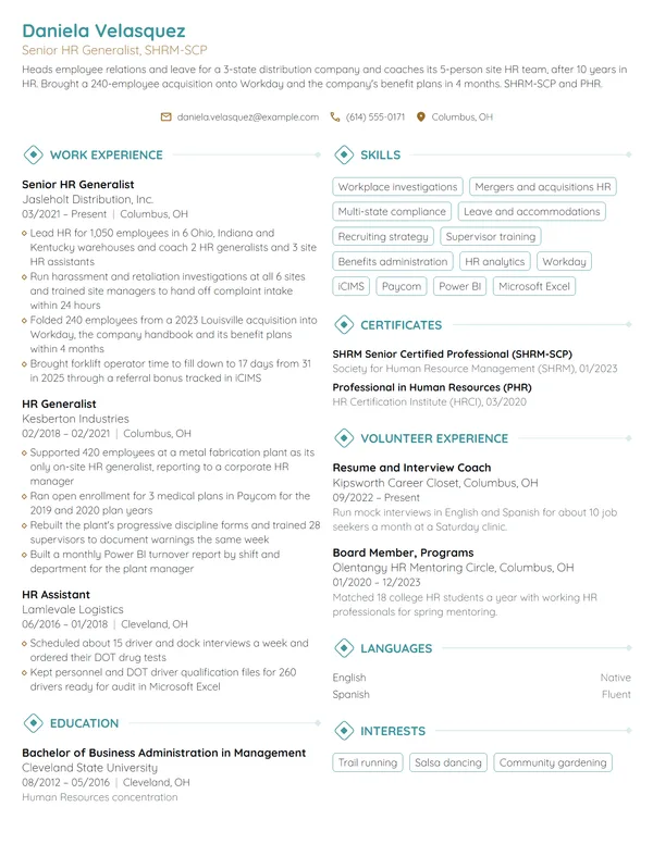 Senior HR Generalist resume example